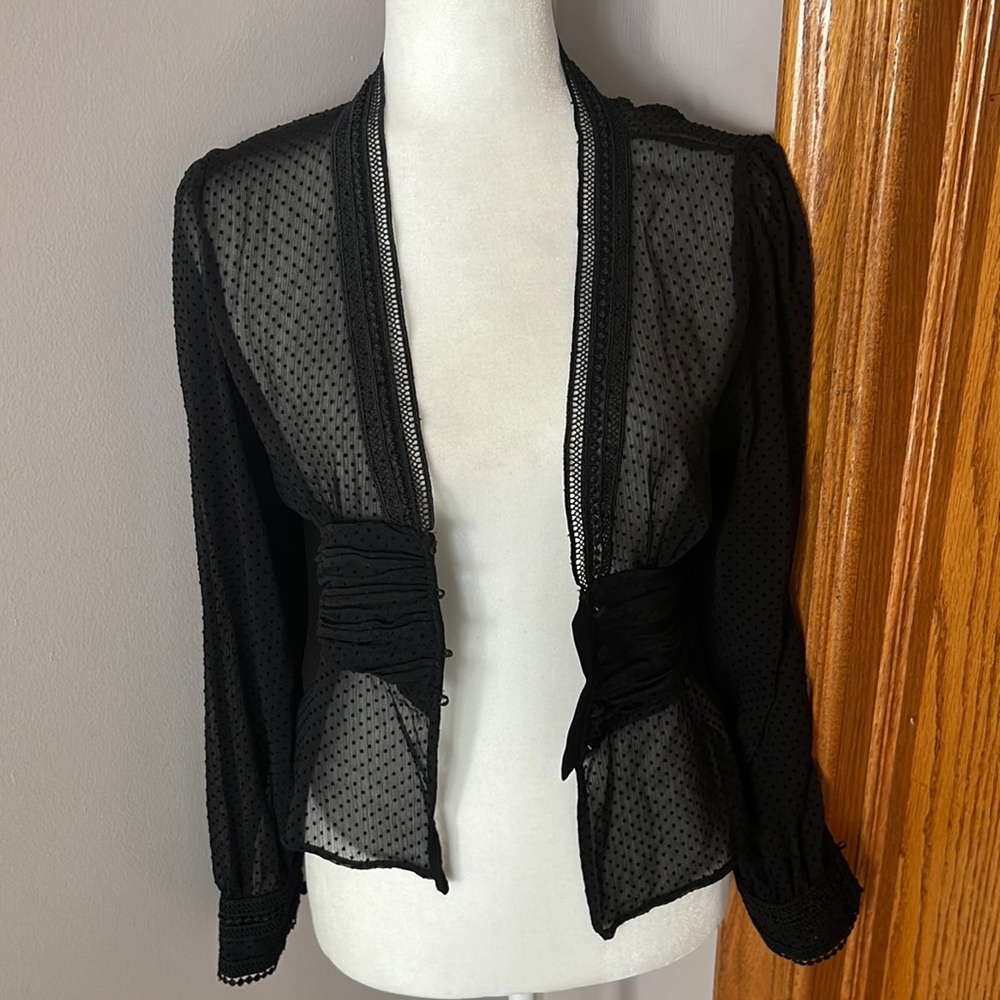 ZARA NEW DRESS SHIRT..SEE THROUGH POLKA DOT BUTTON SLEEVE & FRONT..LACE TRIM SZM